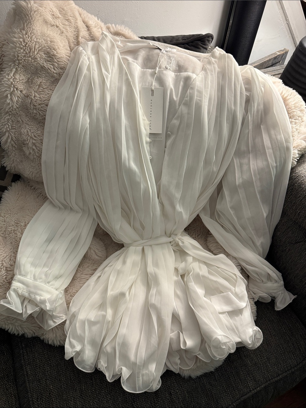 White Pleated V-Neck Wrap Romper with Tie Waist